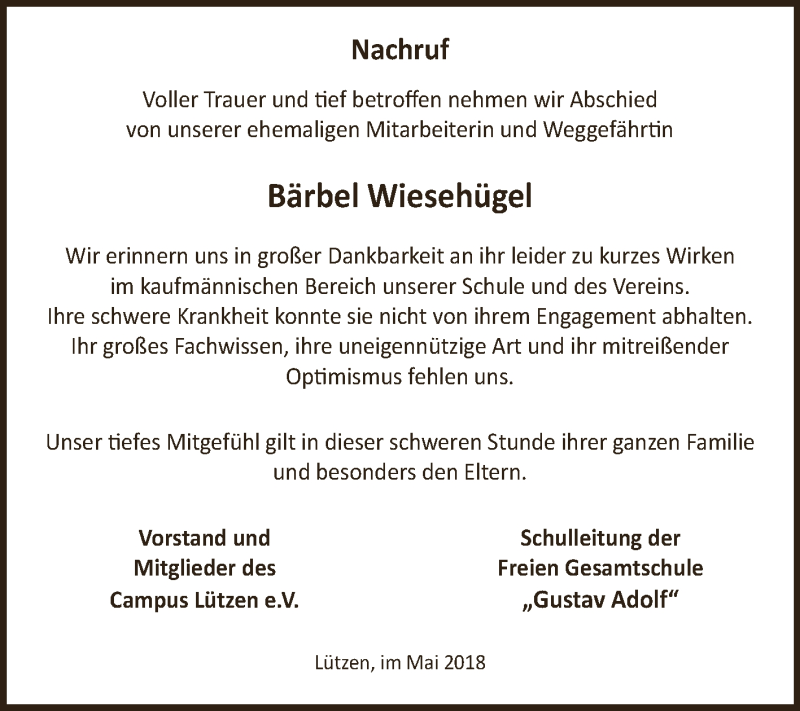  Traueranzeige für Bärbel Wiesehügel vom 06.06.2018 aus WVG - Wochenspiegel NMB / WSF / ZTZ