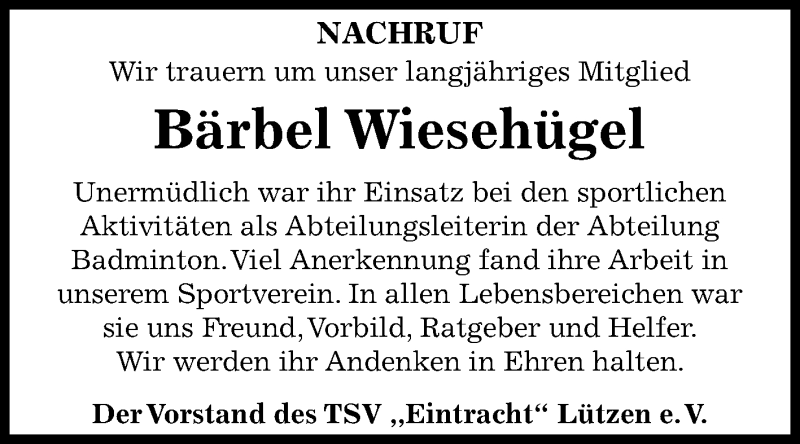  Traueranzeige für Bärbel Wiesehügel vom 13.06.2018 aus Mitteldeutsche Zeitung Weißenfels