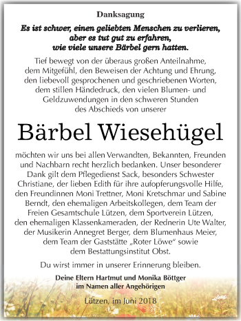 Traueranzeige von Bärbel Wiesehügel von Super Sonntag Merseburg