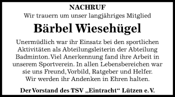 Traueranzeige von Bärbel Wiesehügel von Mitteldeutsche Zeitung Weißenfels