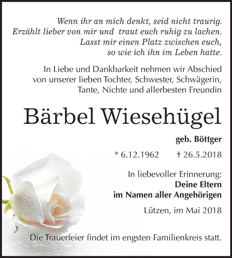  Traueranzeige für Bärbel Wiesehügel vom 06.06.2018 aus Mitteldeutsche Zeitung Weißenfels