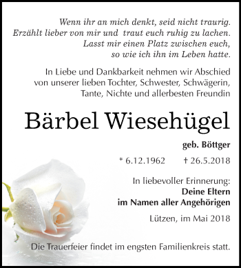 Traueranzeige von Bärbel Wiesehügel von Super Sonntag Merseburg