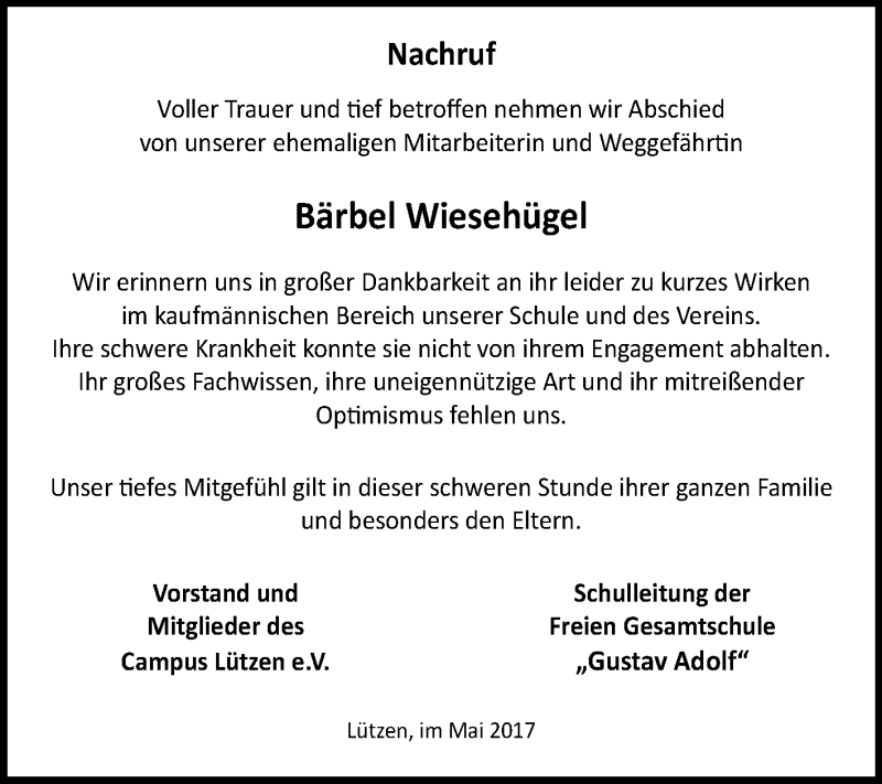  Traueranzeige für Bärbel Wiesehügel vom 02.06.2018 aus Mitteldeutsche Zeitung Weißenfels