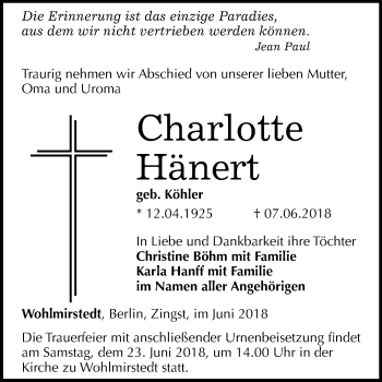 Traueranzeige von Charlotte Hänert von Mitteldeutsche Zeitung