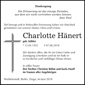 Traueranzeige von Charlotte Hänert von Mitteldeutsche Zeitung