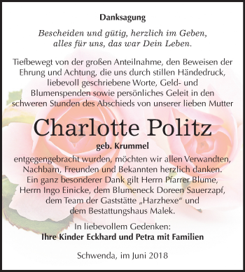 Traueranzeige von Charlotte Politz von Mitteldeutsche Zeitung