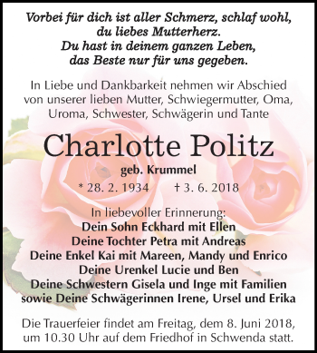 Traueranzeige von Charlotte Politz von Mitteldeutsche Zeitung