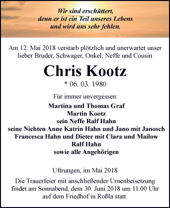 Traueranzeige von Chris Kootz von Super Sonntag SGH Mansf. Land