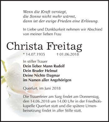 Traueranzeige von Christa Freitag von Mitteldeutsche Zeitung Merseburg/Querfurt