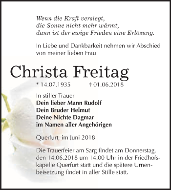 Traueranzeige von Christa Freitag von WVG - Wochenspiegel Merseburg