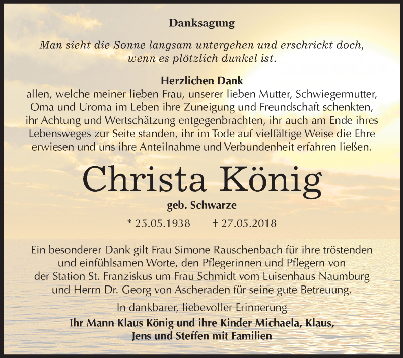  Traueranzeige für Christa König vom 22.06.2018 aus Mitteldeutsche Zeitung