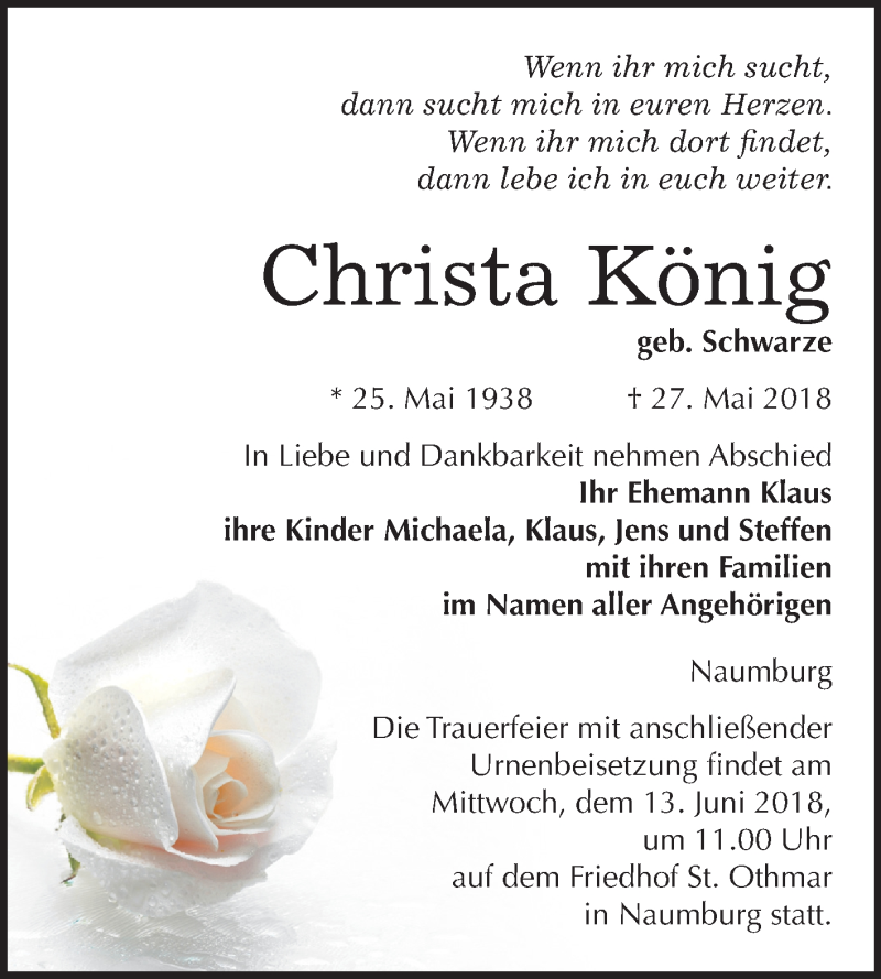  Traueranzeige für Christa König vom 02.06.2018 aus Mitteldeutsche Zeitung