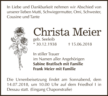 Traueranzeige von Christa Meier von WVG - Wochenspiegel Dessau / Köthen