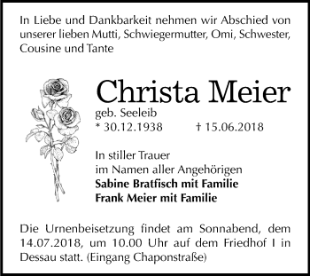 Traueranzeige von Christa Meier von Mitteldeutsche Zeitung Dessau-Roßlau