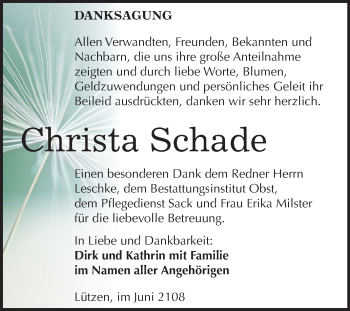 Traueranzeige von Christa Schade von Mitteldeutsche Zeitung Weißenfels