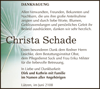 Traueranzeige von Christa Schade von WVG - Wochenspiegel NMB / WSF / ZTZ