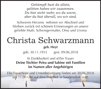 Traueranzeige von Christa Schwarzmann von Mitteldeutsche Zeitung Bitterfeld