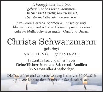 Traueranzeige von Christa Schwarzmann von WVG - Wochenspiegel Bitterfeld