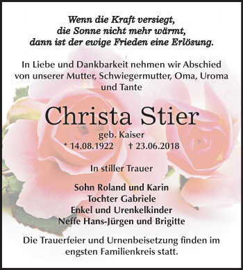 Traueranzeige von Christa Stier von Mitteldeutsche Zeitung Bernburg