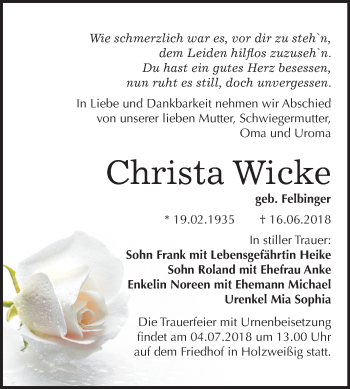 Traueranzeige von Christa Wicke von Mitteldeutsche Zeitung Bitterfeld