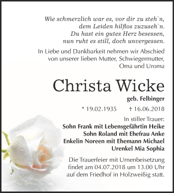 Traueranzeige von Christa Wicke von WVG - Wochenspiegel Bitterfeld