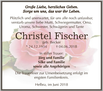 Traueranzeige von Christel Fischer von Super Sonntag SGH Mansf. Land
