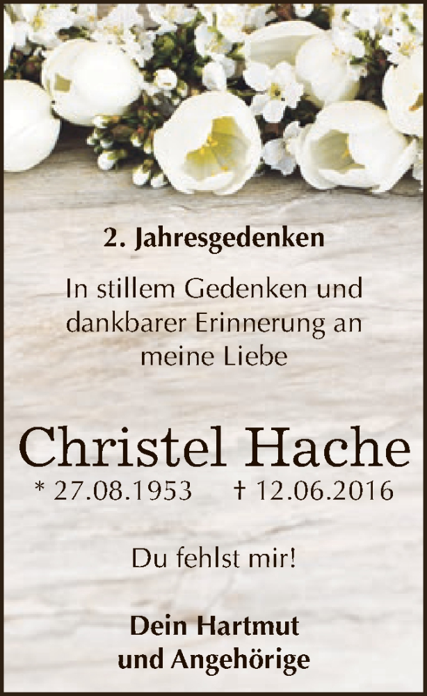  Traueranzeige für Christel Hache vom 16.06.2018 aus WVG - Wochenspiegel Dessau / Köthen