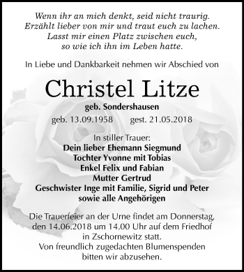 Traueranzeige von Christel Litze von Mitteldeutsche Zeitung