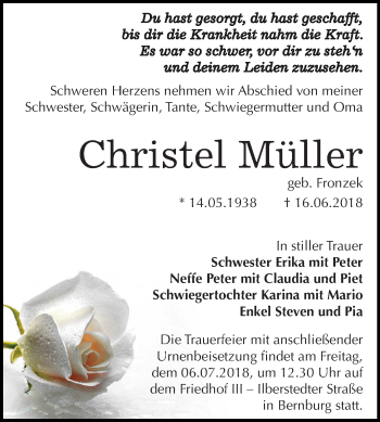 Traueranzeige von Christel Müller von Mitteldeutsche Zeitung Bernburg
