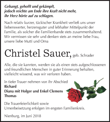 Traueranzeige von Christel Sauer von Mitteldeutsche Zeitung Bernburg