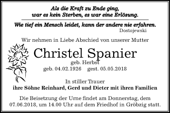 Traueranzeige von Christel Spanier von Mitteldeutsche Zeitung Köthen