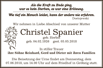 Traueranzeige von Christel Spanier von WVG - Wochenspiegel Dessau / Köthen