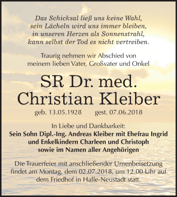 Traueranzeige von Christian Kleiber von Mitteldeutsche Zeitung Halle/Saalkreis