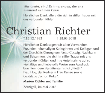 Traueranzeige von Christian Richter von Super Sonntag Wittenberg