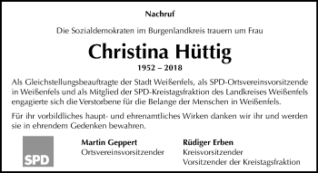 Traueranzeige von Christina Hüttig von Mitteldeutsche Zeitung Weißenfels