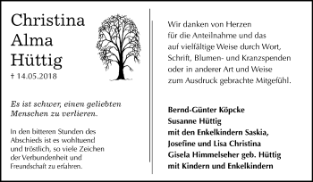 Traueranzeige von Christina Alma Hüttig von Mitteldeutsche Zeitung Weißenfels