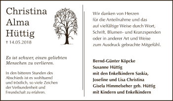 Traueranzeige von Christina Alma Hüttig von WVG - Wochenspiegel NMB / WSF / ZTZ
