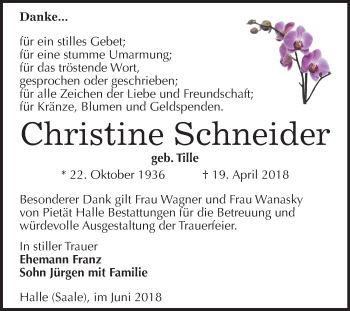 Traueranzeige von Christine Schneider von Mitteldeutsche Zeitung Halle/Saalkreis