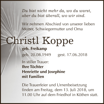 Traueranzeige von Christl Koppe von WVG - Wochenspiegel Dessau / Köthen