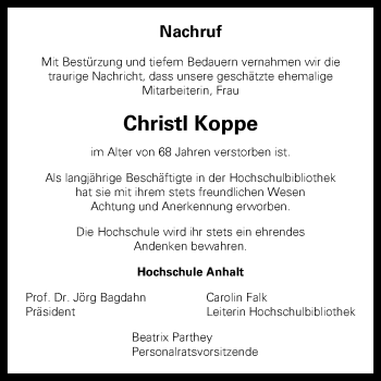 Traueranzeige von Christl Koppe von Mitteldeutsche Zeitung Köthen