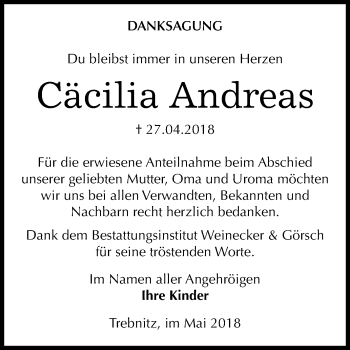 Traueranzeige von Cäcilia Andreas von Mitteldeutsche Zeitung Bernburg