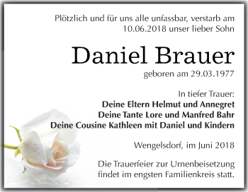 Traueranzeige von Daniel Brauer von Super Sonntag Merseburg