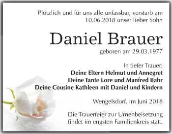 Traueranzeige von Daniel Brauer von Mitteldeutsche Zeitung Weißenfels