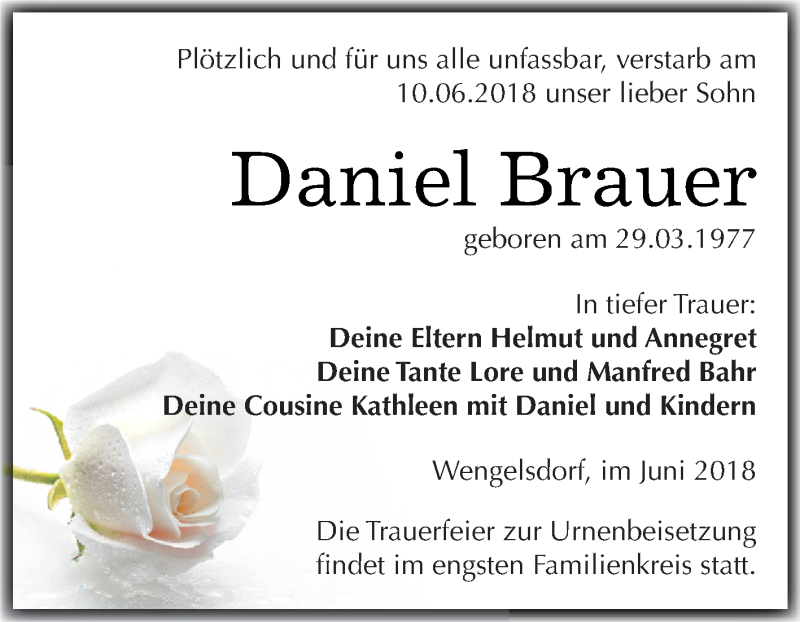 Traueranzeige für Daniel Brauer vom 20.06.2018 aus Super Sonntag Merseburg