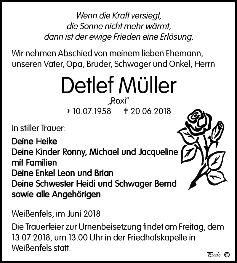  Traueranzeige für Detlef Müller vom 23.06.2018 aus Mitteldeutsche Zeitung Weißenfels
