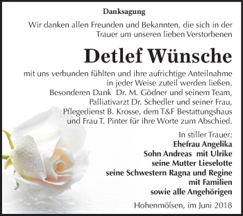 Traueranzeige von Detlef Wünsche von Mitteldeutsche Zeitung Weißenfels