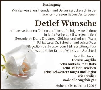 Traueranzeige von Detlef Wünsche von WVG - Wochenspiegel NMB / WSF / ZTZ