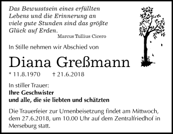 Traueranzeige von Diana Greßmann von WVG - Wochenspiegel Merseburg