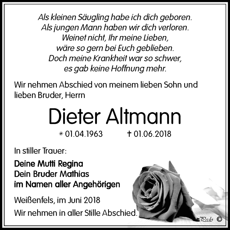  Traueranzeige für Dieter Altmann vom 09.06.2018 aus Mitteldeutsche Zeitung Weißenfels