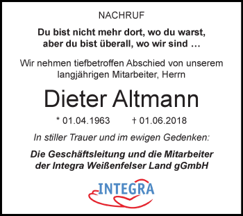 Traueranzeige von Dieter Altmann von Mitteldeutsche Zeitung Weißenfels